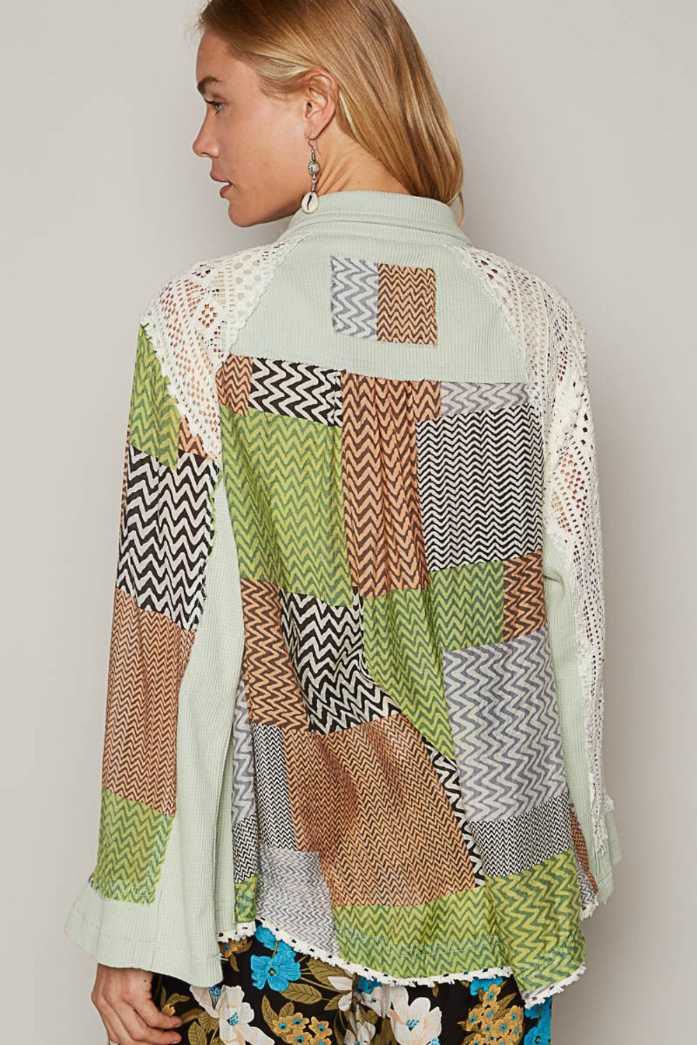 TEEK - Mint Green Color Block Crochet Long Sleeve Shirt TOPS TEEK Trend   
