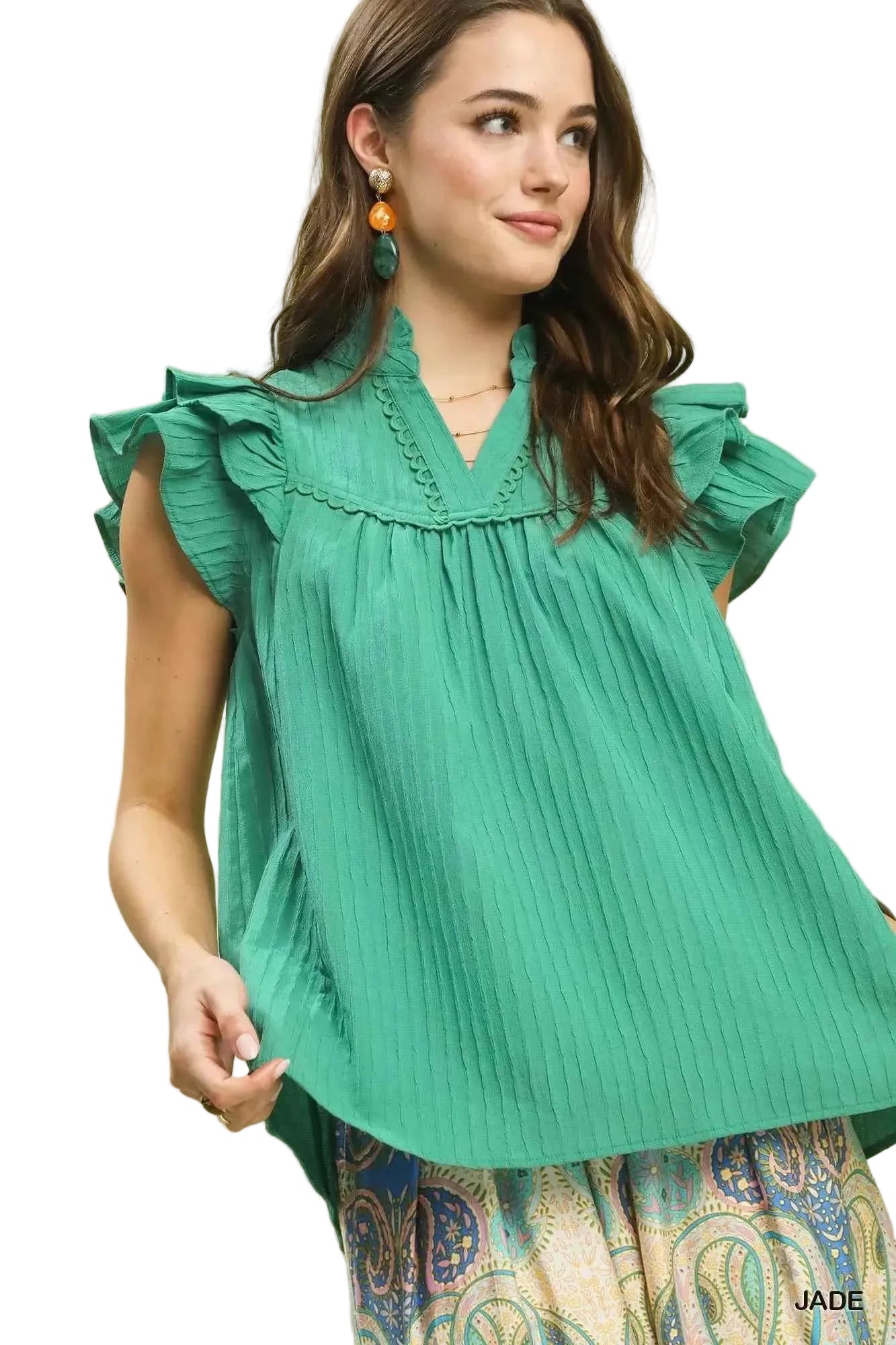 TEEK - Ruffle Sleeve Textured Babydoll Blouse TOPS TEEK Trend JADE S