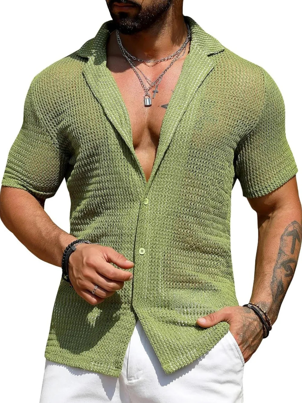 TEEK - Mens Openwork Buttoned Short Sleeve Shirt TOPS TEEK Trend Matcha Green S