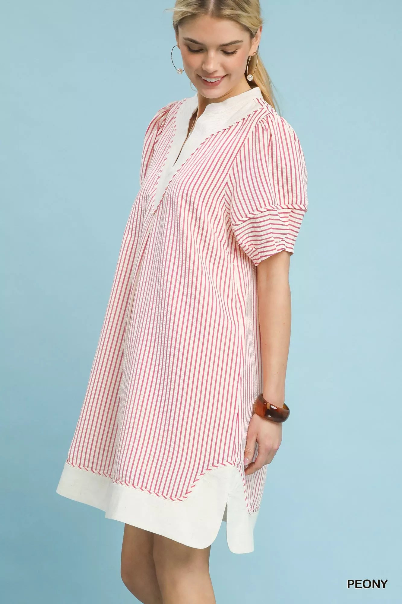Umgee Pinstripe Shift Dress with Contrast Trim Trendsi