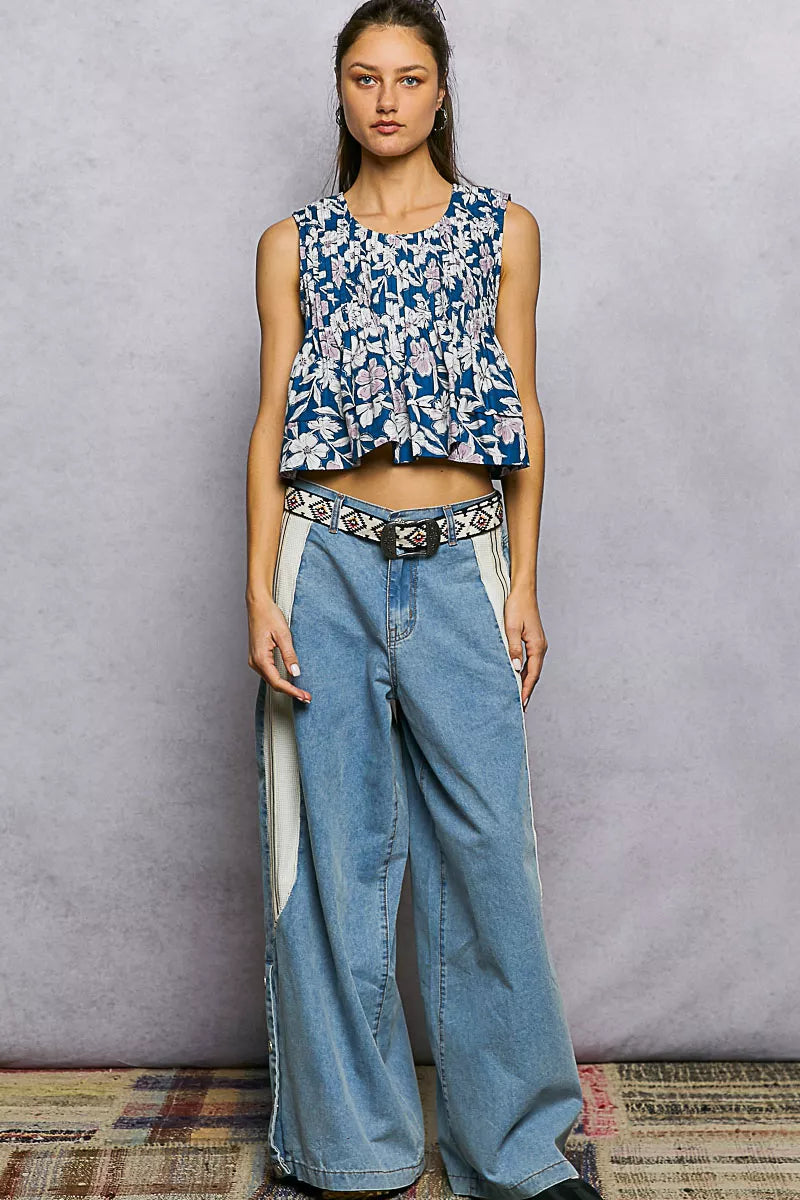 POL Floral Round Neck Cropped Pintuck Tank Trendsi