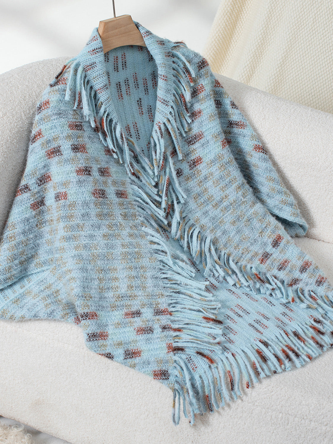 Fringe Open Front Half Sleeve Poncho Trendsi Light Blue One Size