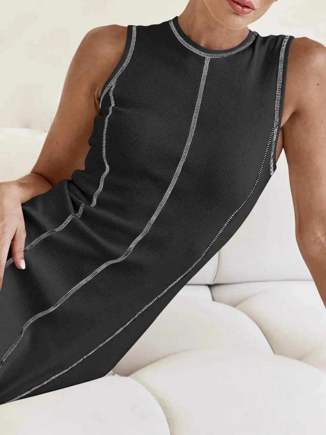 TEEK - Contrast Stitching Round Neck Sleeveless Dress DRESS TEEK Trend