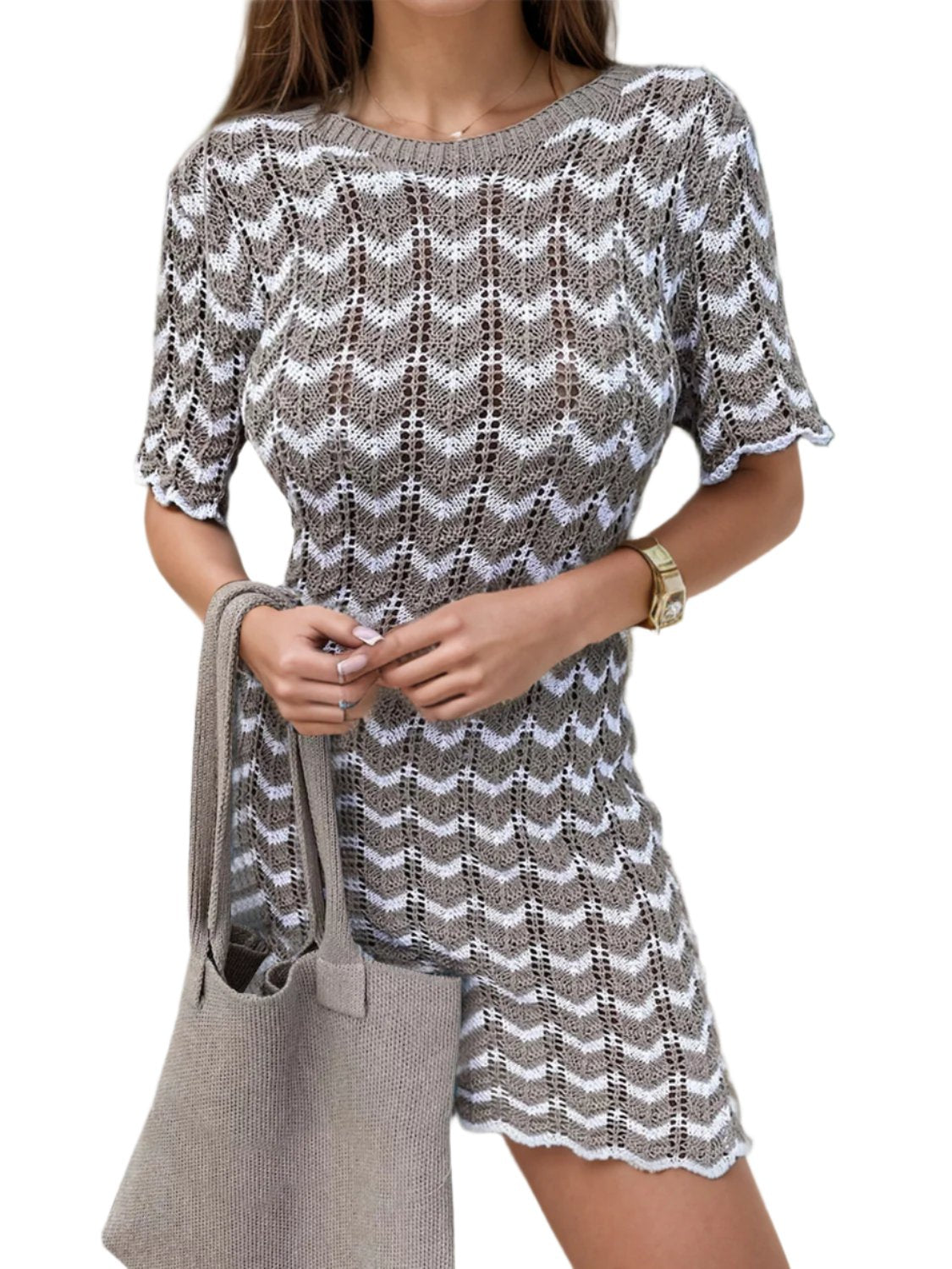 TEEK - Chevron Round Neck Short Sleeve Knit Dress DRESS TEEK Trend Mocha S 