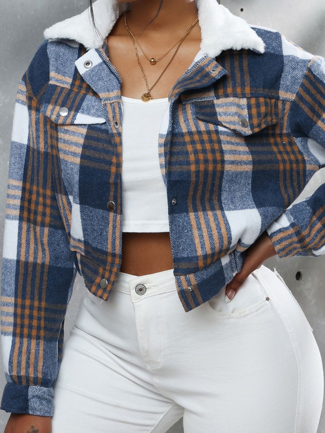 TEEK - Plaid Snap Down Collared Neck Cropped Jacket JACKET TEEK Trend Blue/Orange S