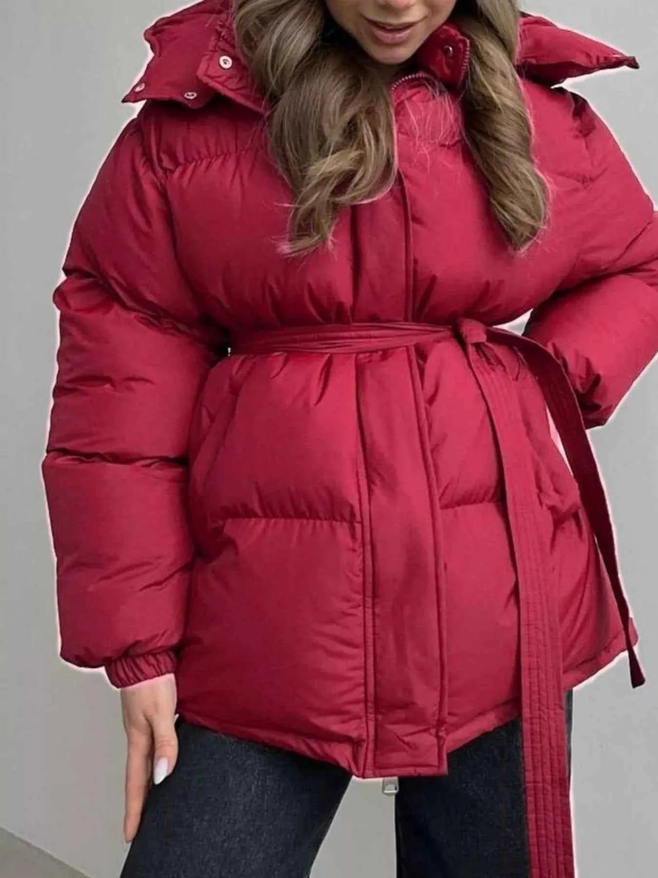 TEEK - Mid-Length Thickened Hooded Winter Belted Coat COAT TEEK Trend Burgundy S