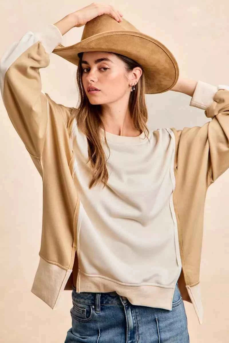 TEEK - French Terry Color Block Top With Open Seam Detail Trendsi