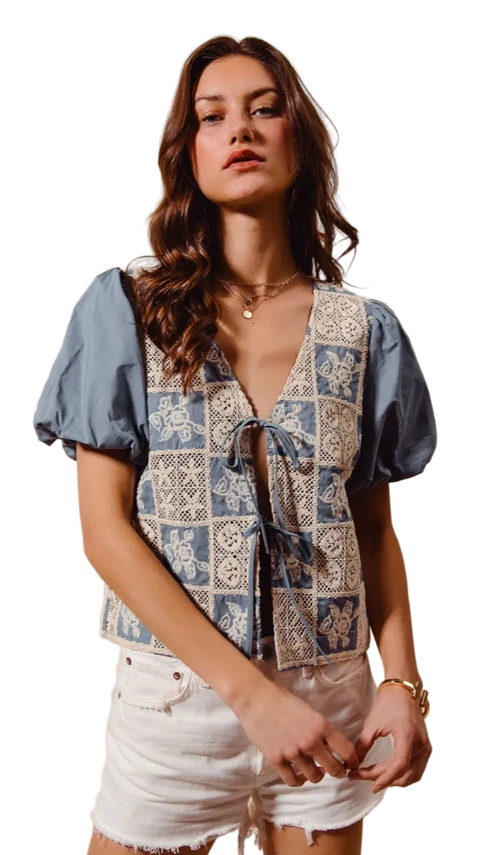 TEEK - Denim Blue Crochet Lace Tie Front V Neck Blouse Top TOPS TEEK Trend S