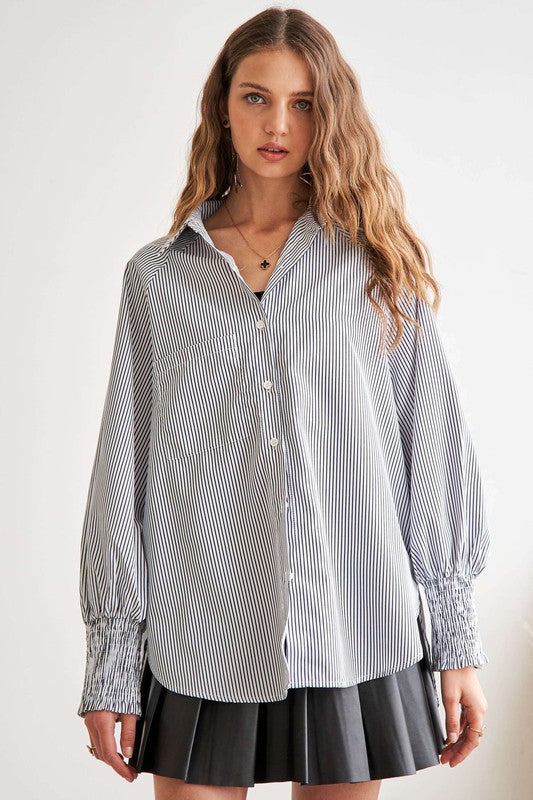 TEEK - Grey High-Low Striped Button Down Smocked Lantern Sleeve Shirt TOPS TEEK Trend