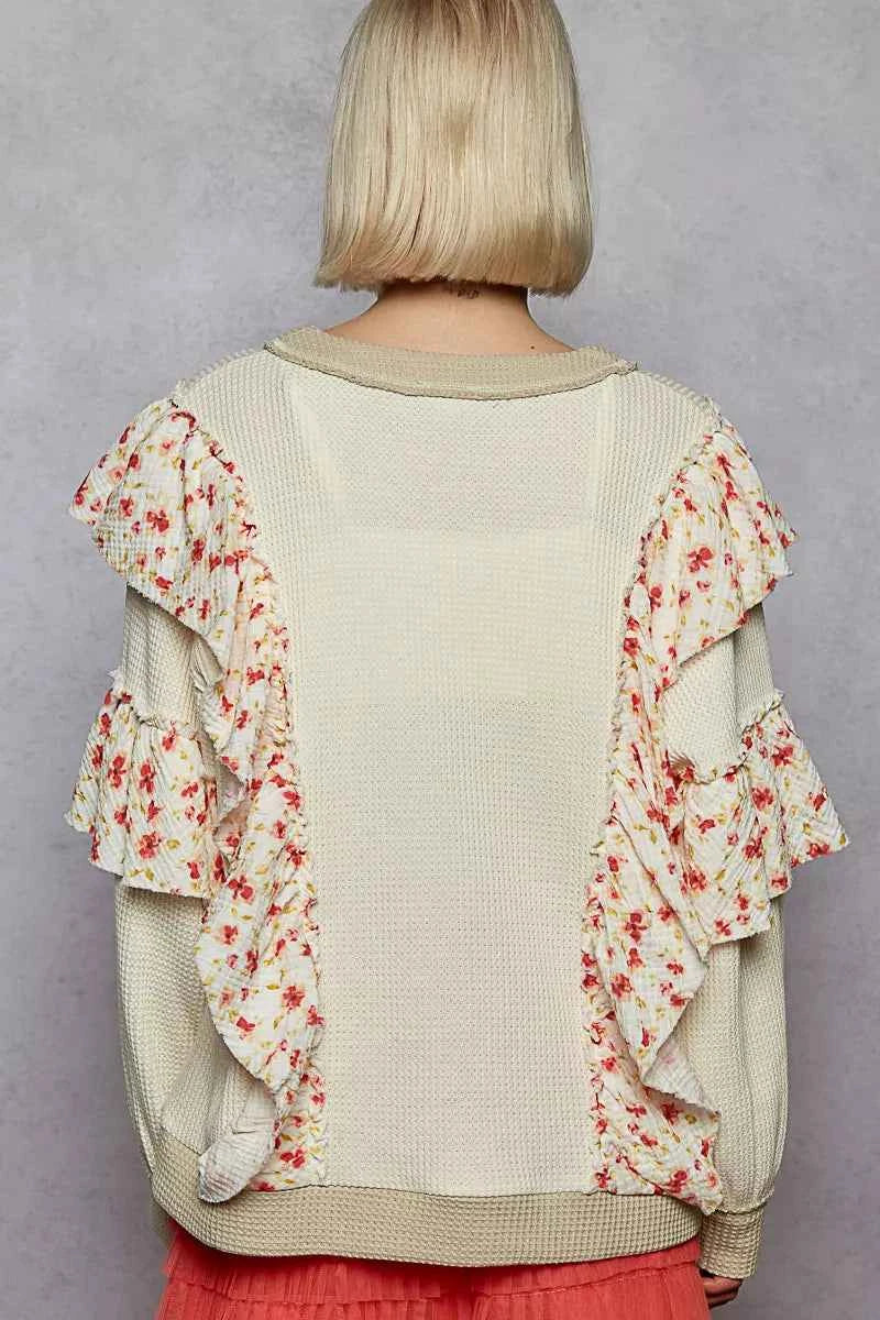 TEEK - Round Neck Sweater with Floral Ruffle Detail TOPS TEEK Trend