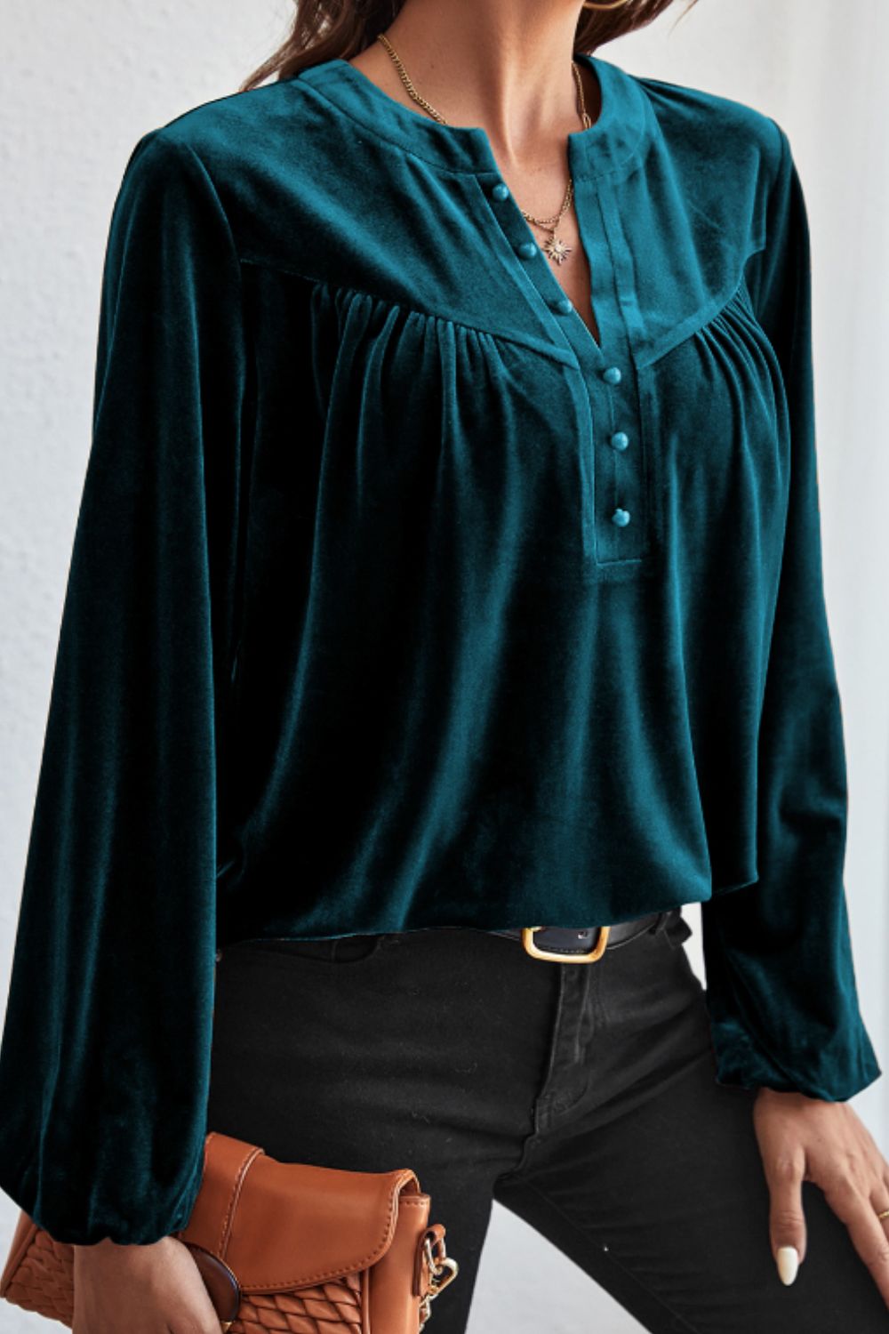 Notched Long Sleeve Velvet Top TEEK Trend