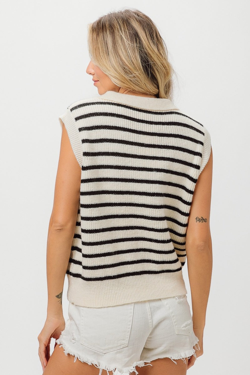 TEEK - Ivory Black Striped Half Button Sweater Top SWEATER TEEK Trend   