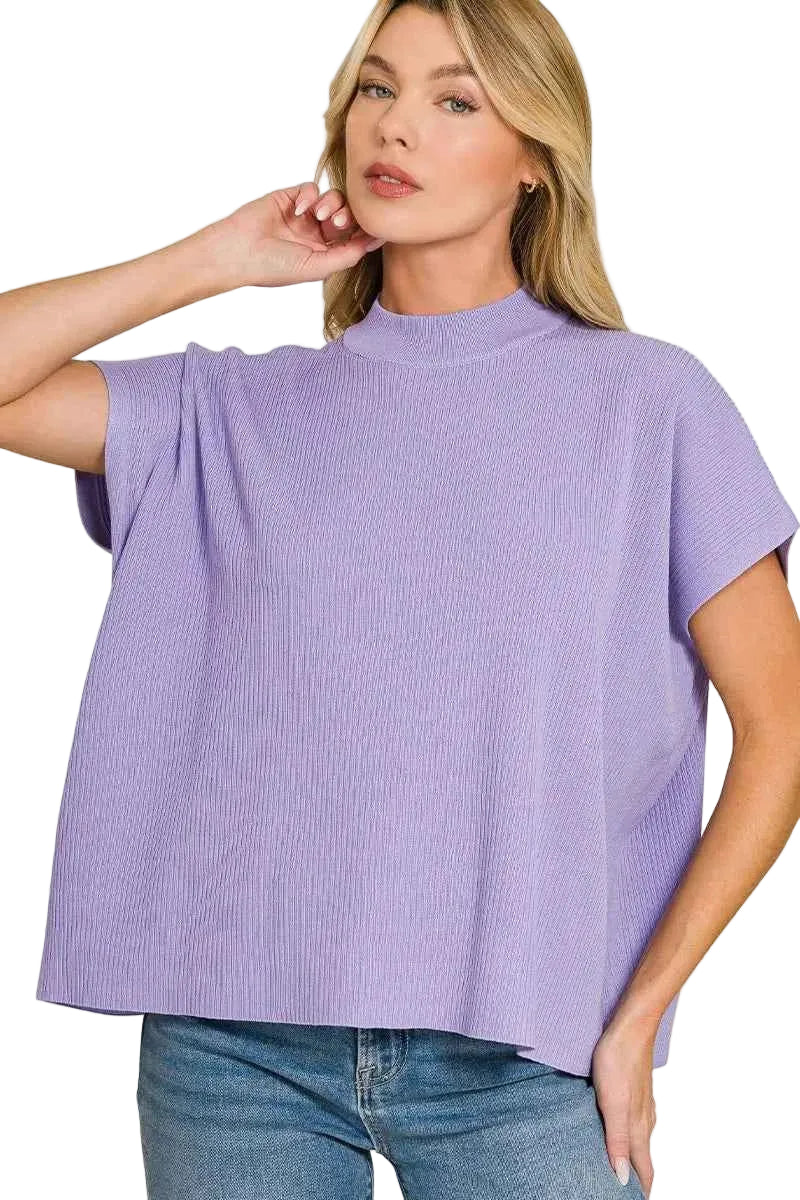 TEEK - Viscose Mock Neck Short Sleeve Boxy Sweater TOPS TEEK Trend LAVENDER S