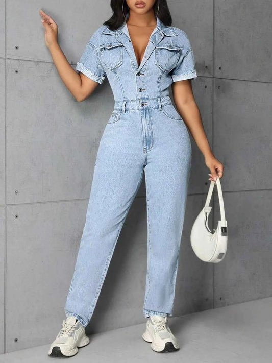 TEEK - Button Front Short Sleeve Denim Jumpsuit Trendsi
