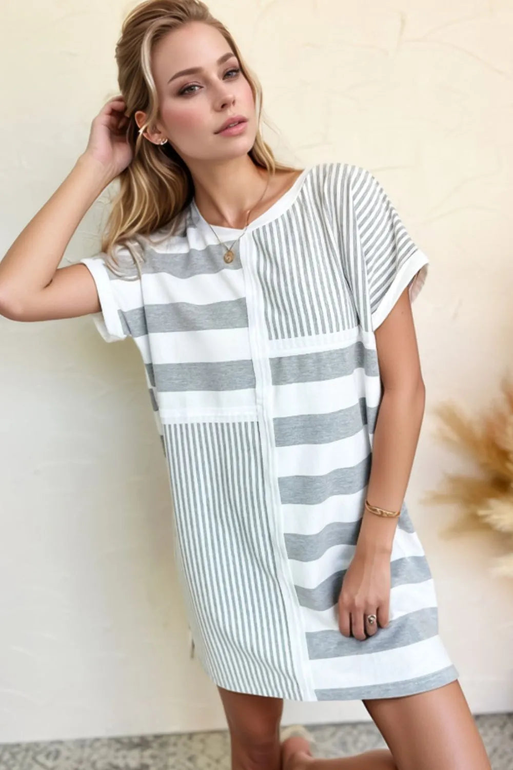 TEEK - Stripe Mixed Short Sleeve Shift Tee Dress DRESS TEEK Trend