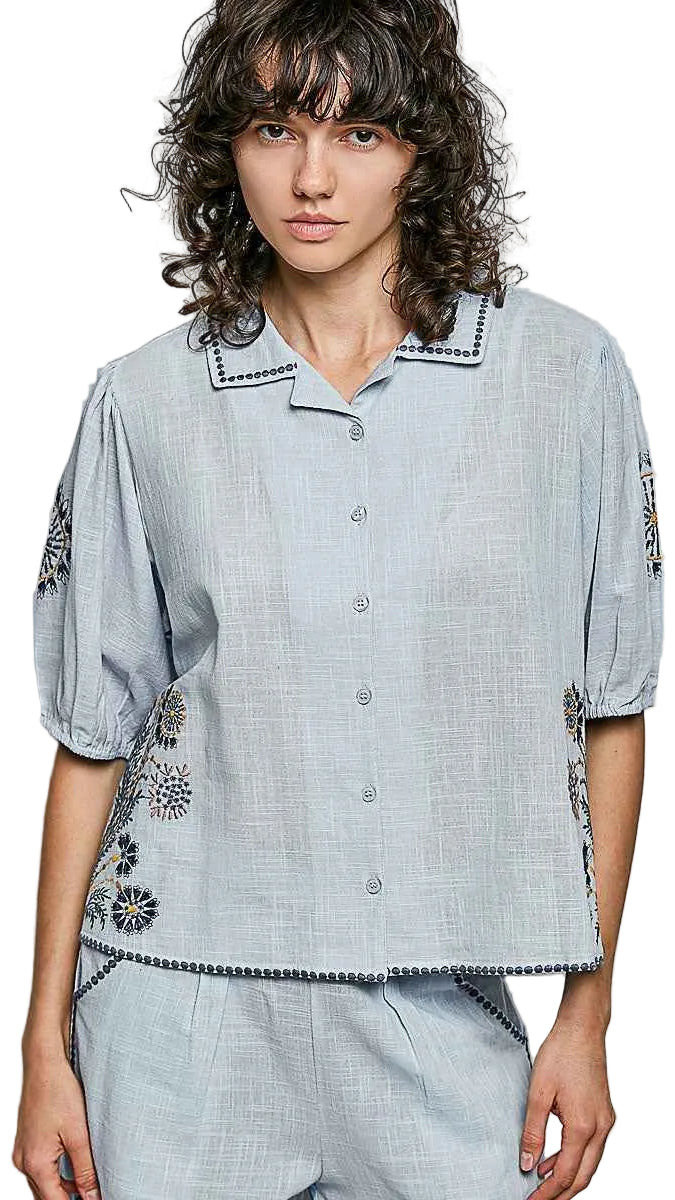 POL Button Down Embroidered Floral Short Sleeve Shirt Trendsi SKY MULTI S
