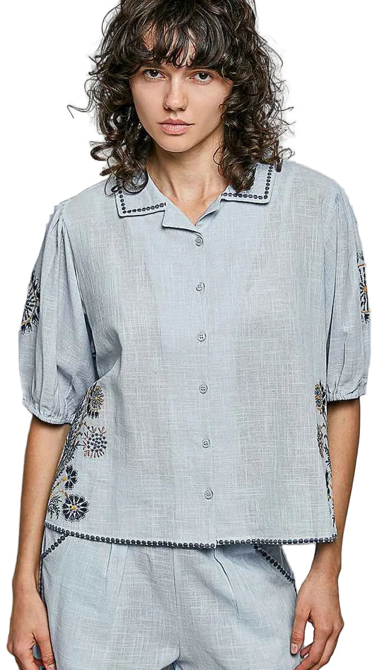 POL Button Down Embroidered Floral Short Sleeve Shirt Trendsi SKY MULTI S