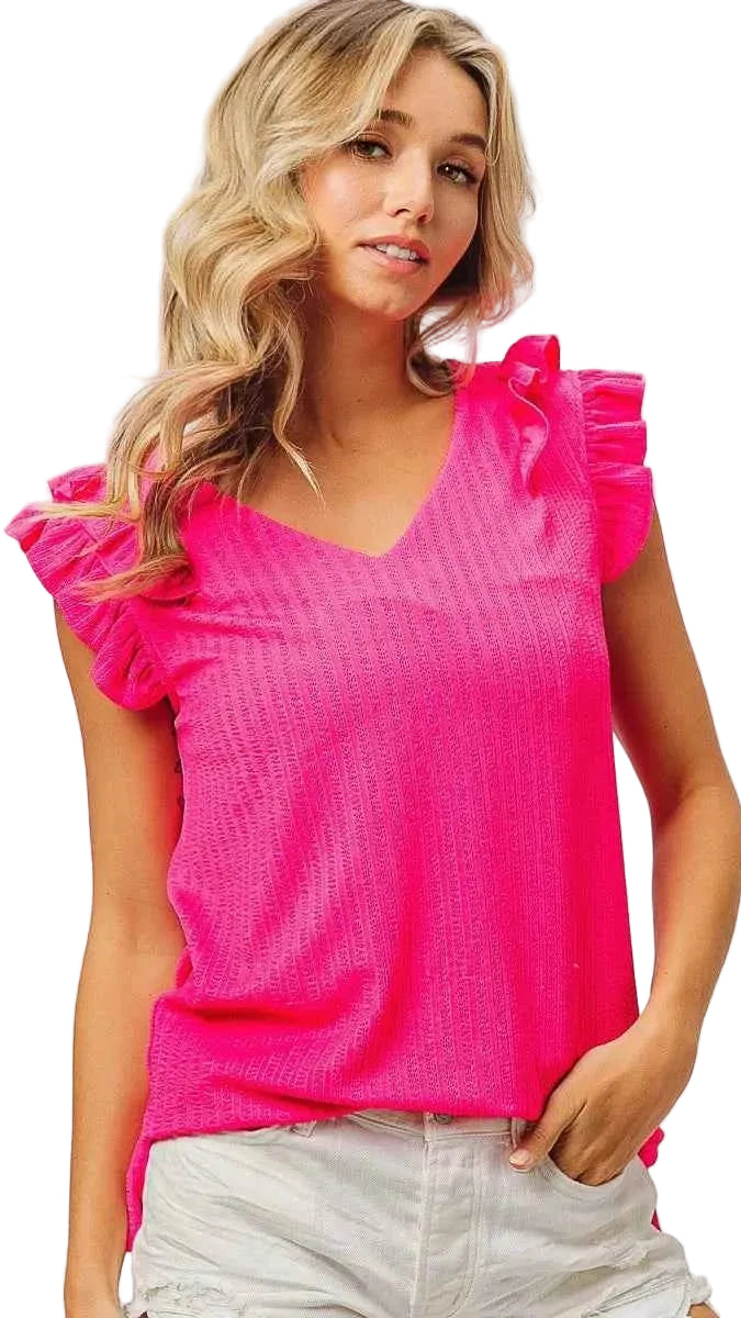 TEEK - Layered Ruffles Armhole V-Neck Rib Textured Top TOPS TEEK Trend FUCHSIA S