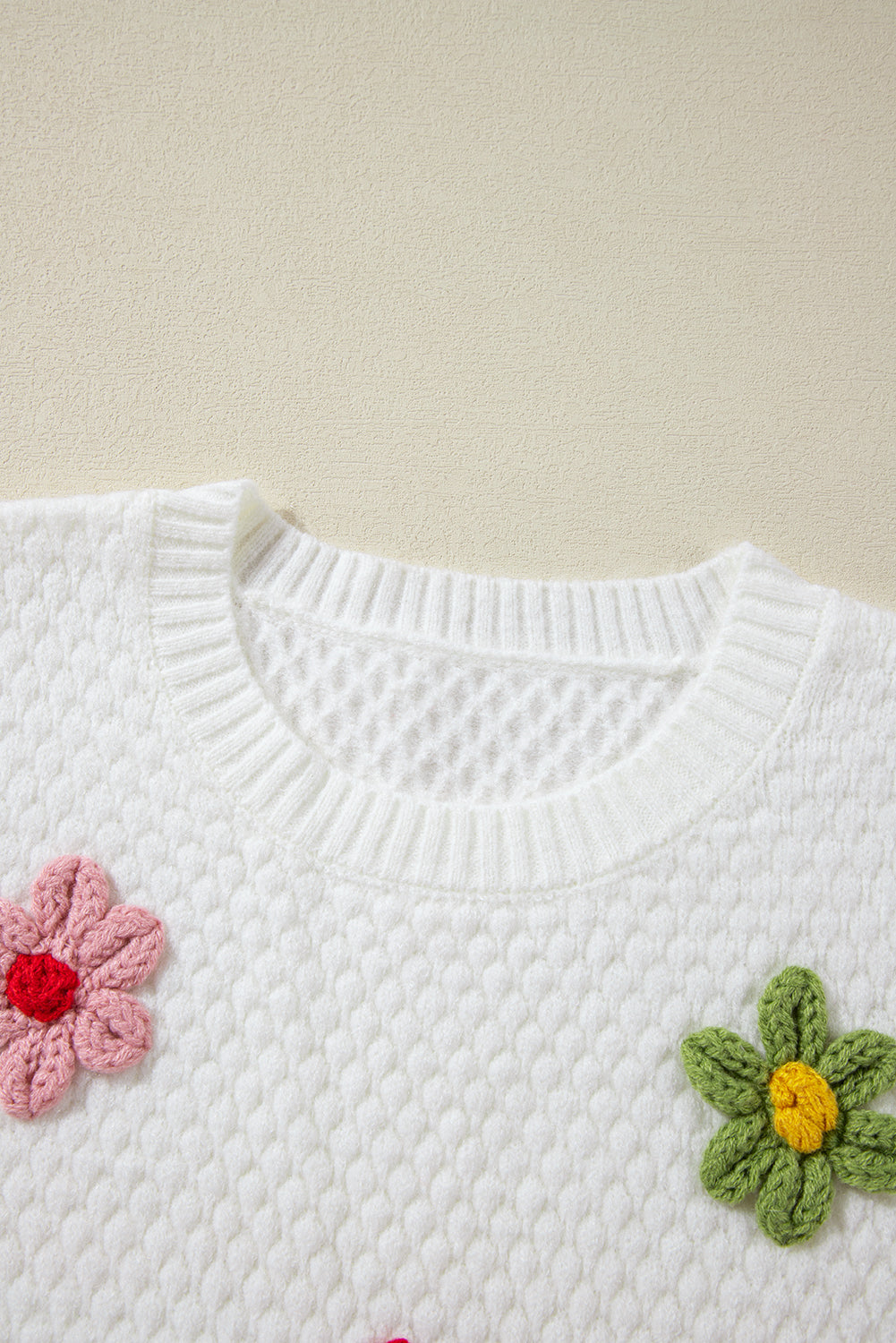 TEEK - White Crochet Flower Round Neck Long Sleeve Sweater TOPS TEEK Trend