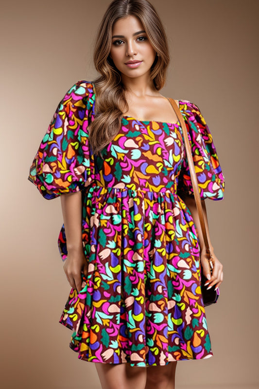 TEEK - Plus Size Vibrant Square Neck Half Sleeve Dress DRESS TEEK Trend 1XL  