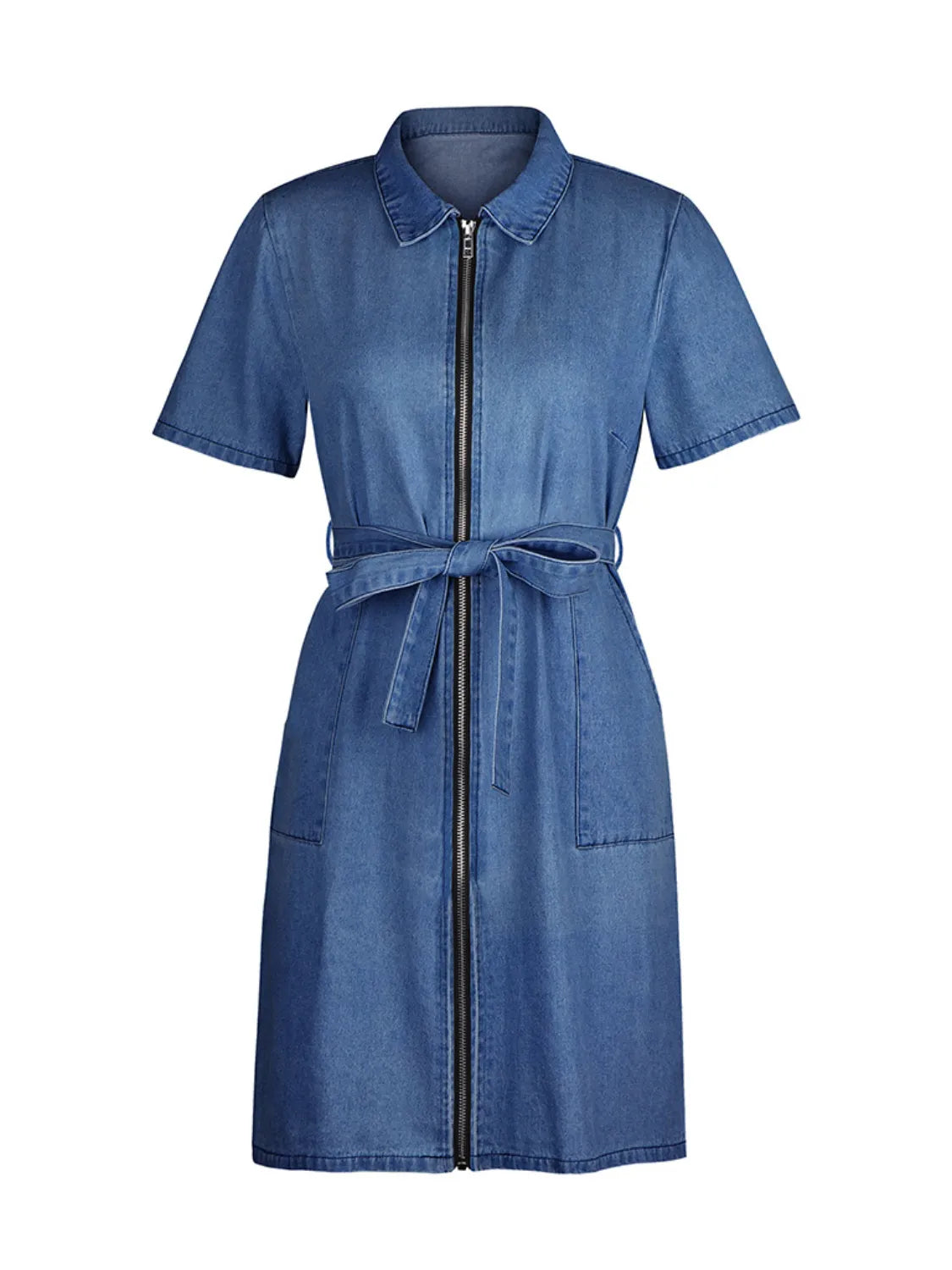 TEEK - Full Size Zip Front Short Sleeve Denim Dress DRESS TEEK Trend