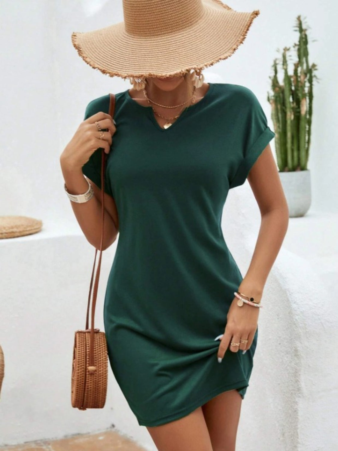 TEEK - Notched Short Sleeve Mini Tee Dress DRESS TEEK Trend Dark Green S 