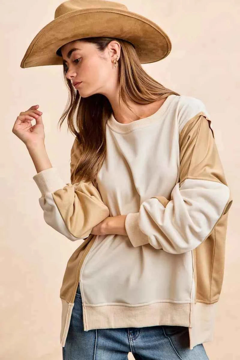 TEEK - French Terry Color Block Top With Open Seam Detail Trendsi