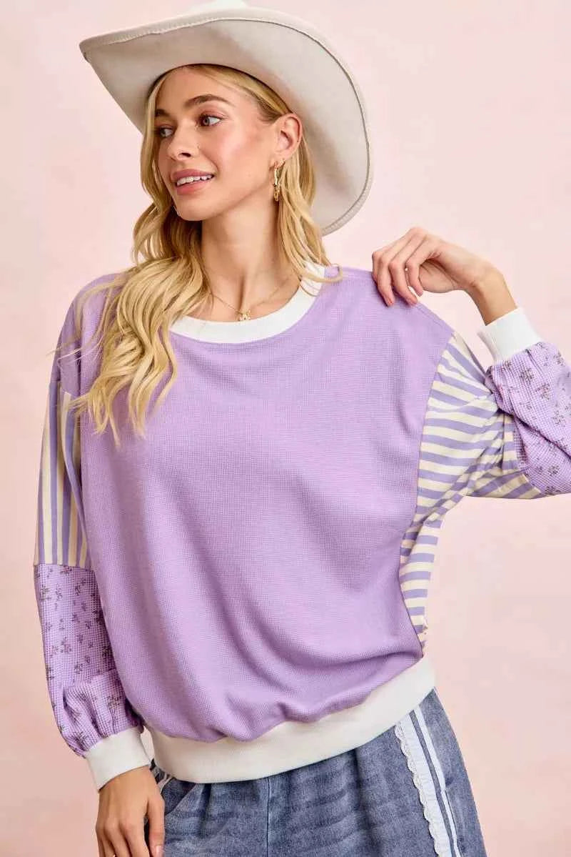 TEEK - Mix and Match Sweatshirt with Floral Sleeve Striped TOPS TEEK Trend