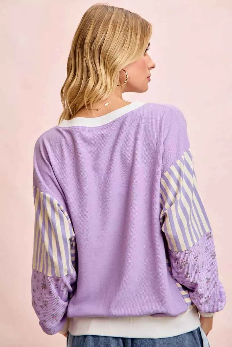 TEEK - Mix and Match Sweatshirt with Floral Sleeve Striped TOPS TEEK Trend