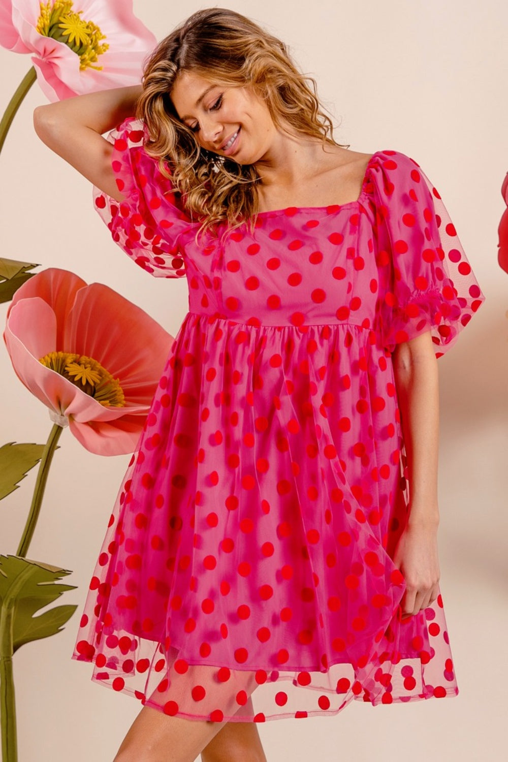 TEEK - Fuchsia Polka Dot Mesh Puff Sleeve Dress DRESS TEEK Trend   