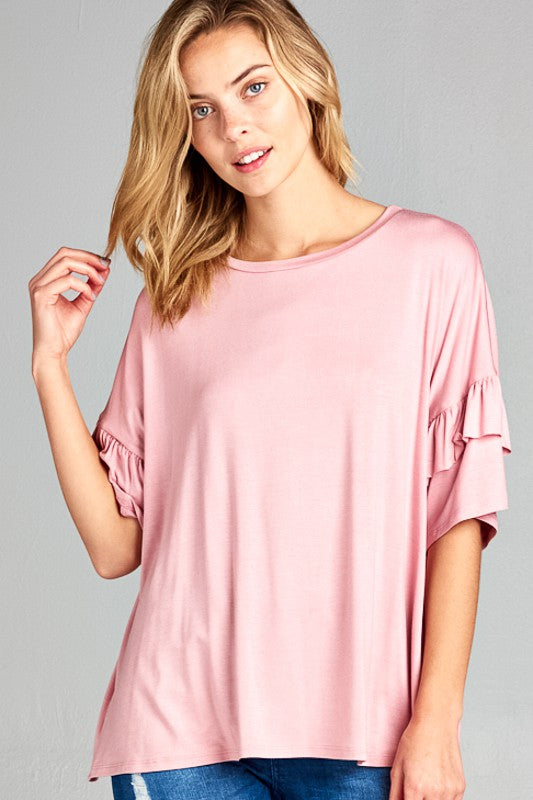 TEEK - PLUS SIZE SOLID RUFFLE SLEEVE TOP TOPS TEEK FG Rose 1X 