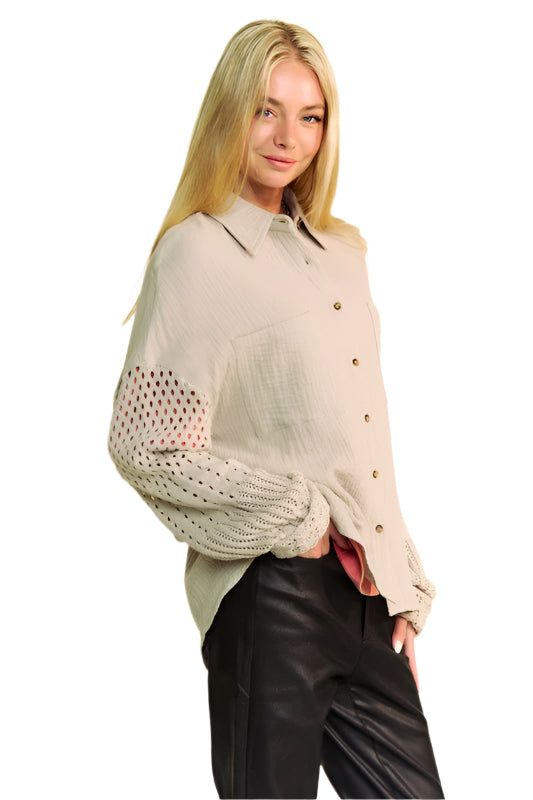 Davi & Dani Crochet Sleeve Crinkled Texture Shirt TEEK Trend