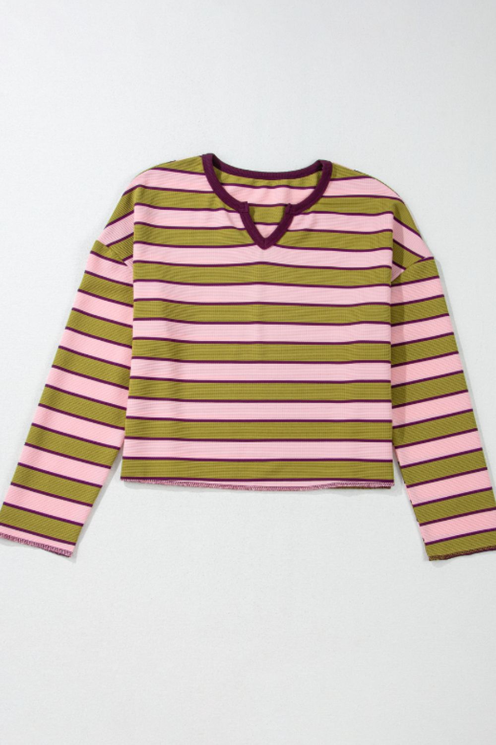 TEEK - Matcha Green Striped Notched Long Sleeve T-Shirt TOPS TEEK Trend