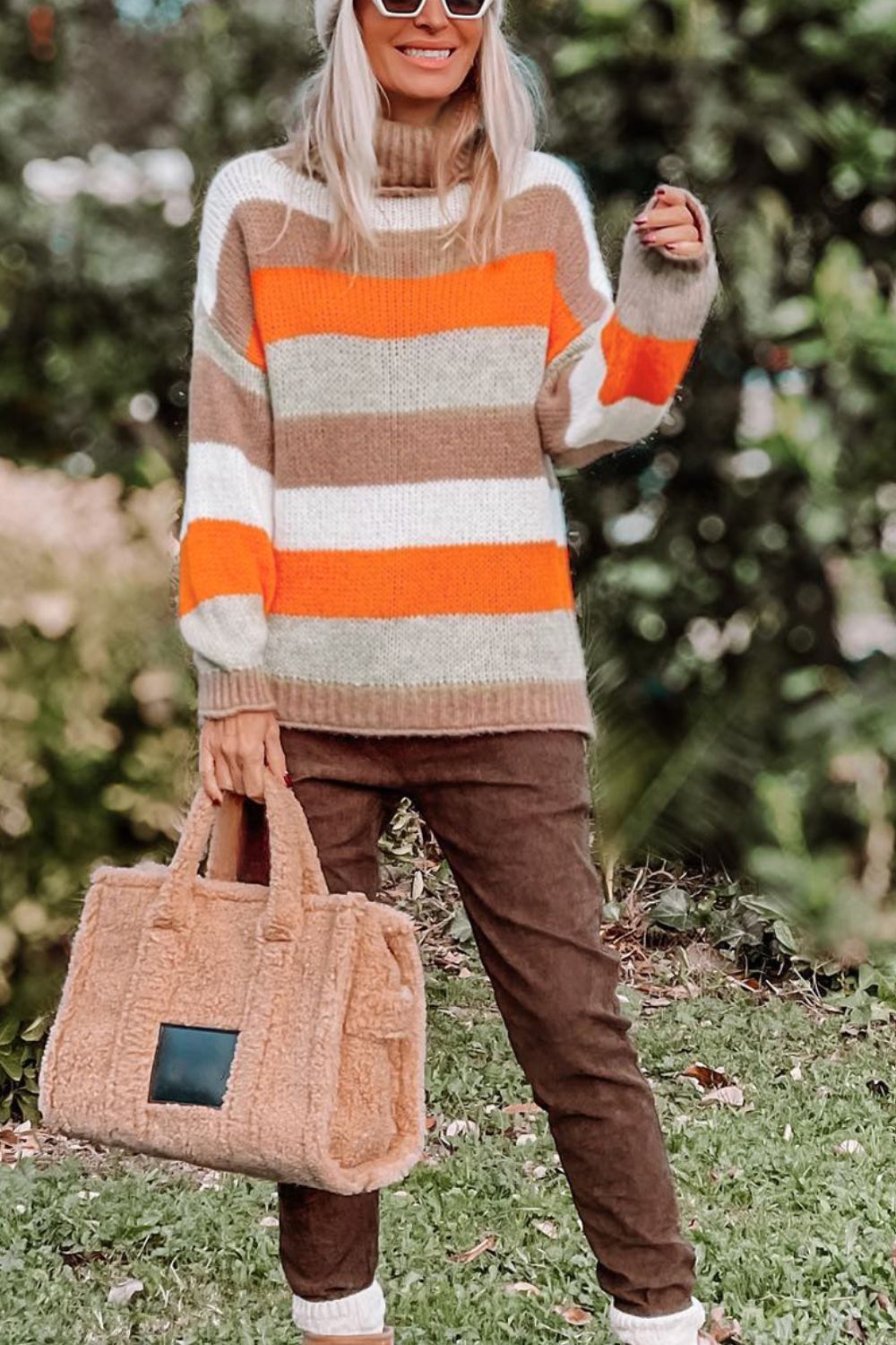 TEEK - Orange Beige Color Block Striped Turtleneck Sweater TOPS TEEK Trend