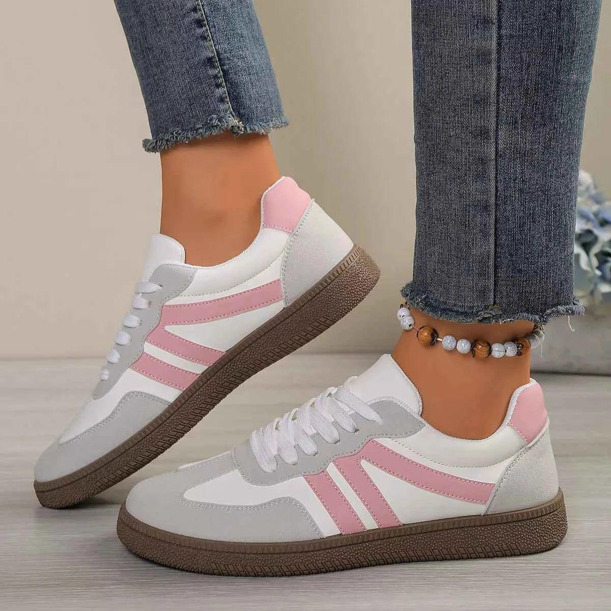Striped Lace-Up Casual Sneakers Trendsi Pink 36