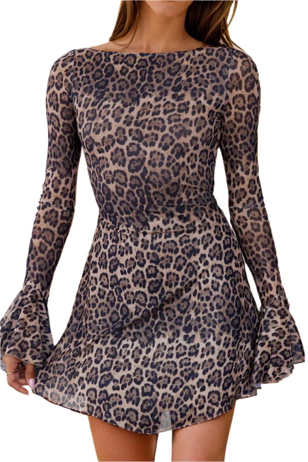 Backless Leopard Flare Sleeve Dress Trendsi Snakeskin S