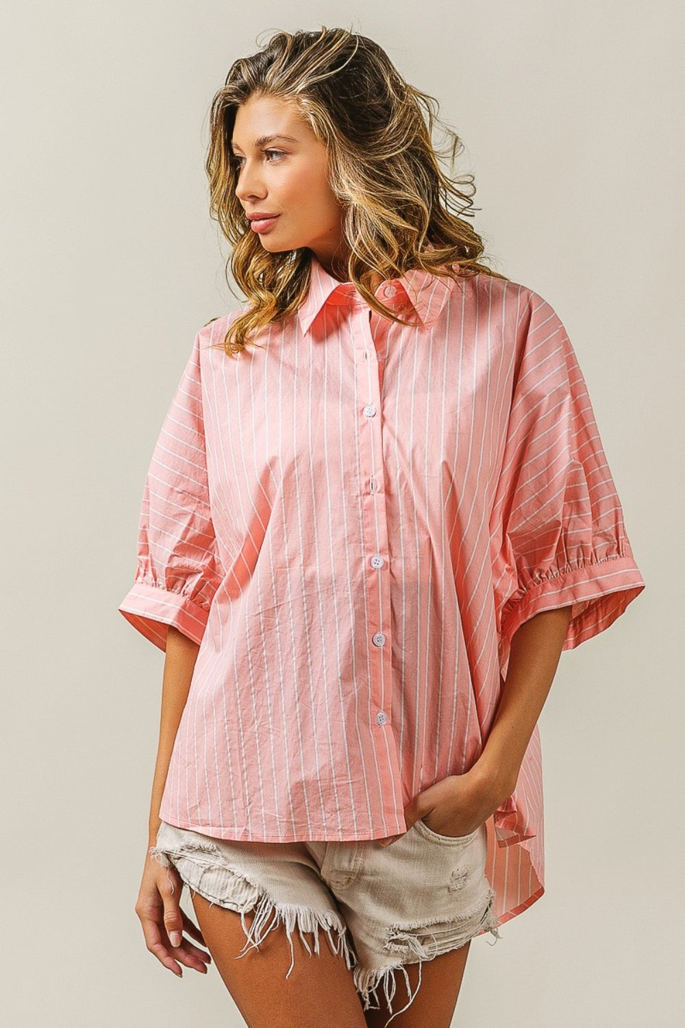 TEEK - Blush Button Up Striped Dolman Sleeve Shirt TOPS TEEK Trend   