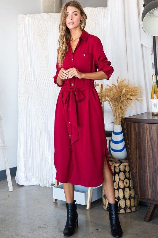 TEEK - Plus Size Button Down Shirt Long Sleeve Dress DRESS TEEK FG RED 1X 