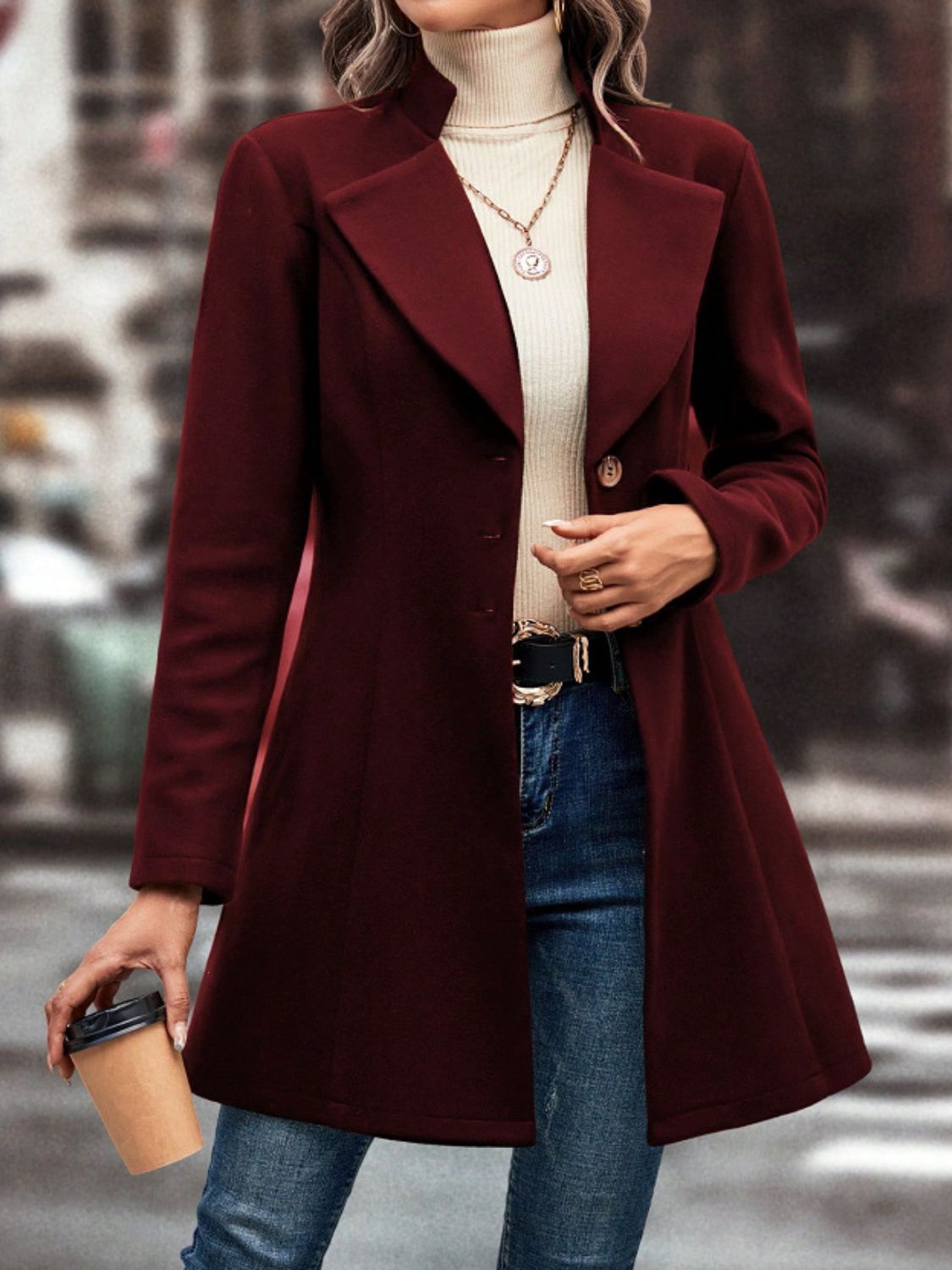 Collared Neck Button Up Long Sleeve Coat TEEK Trend