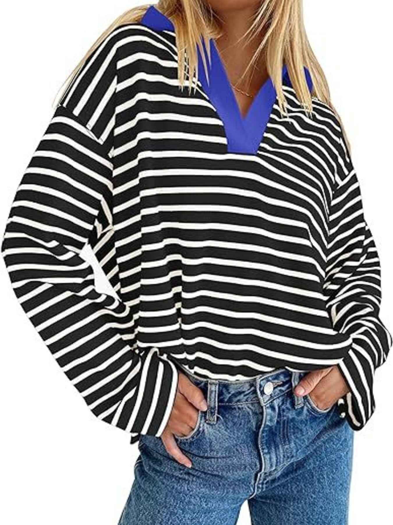 Striped Contrast Collar Long Sleeve Top Trendsi
