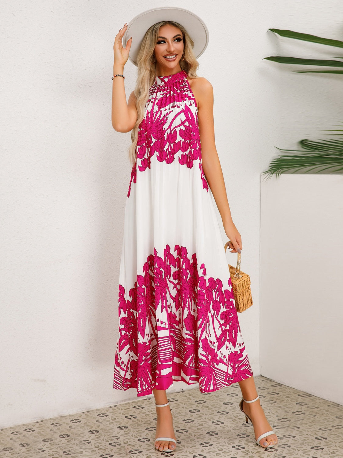 TEEK - Tied Halter Printed Sleeveless  Dress DRESS TEEK Trend Hot Pink S 