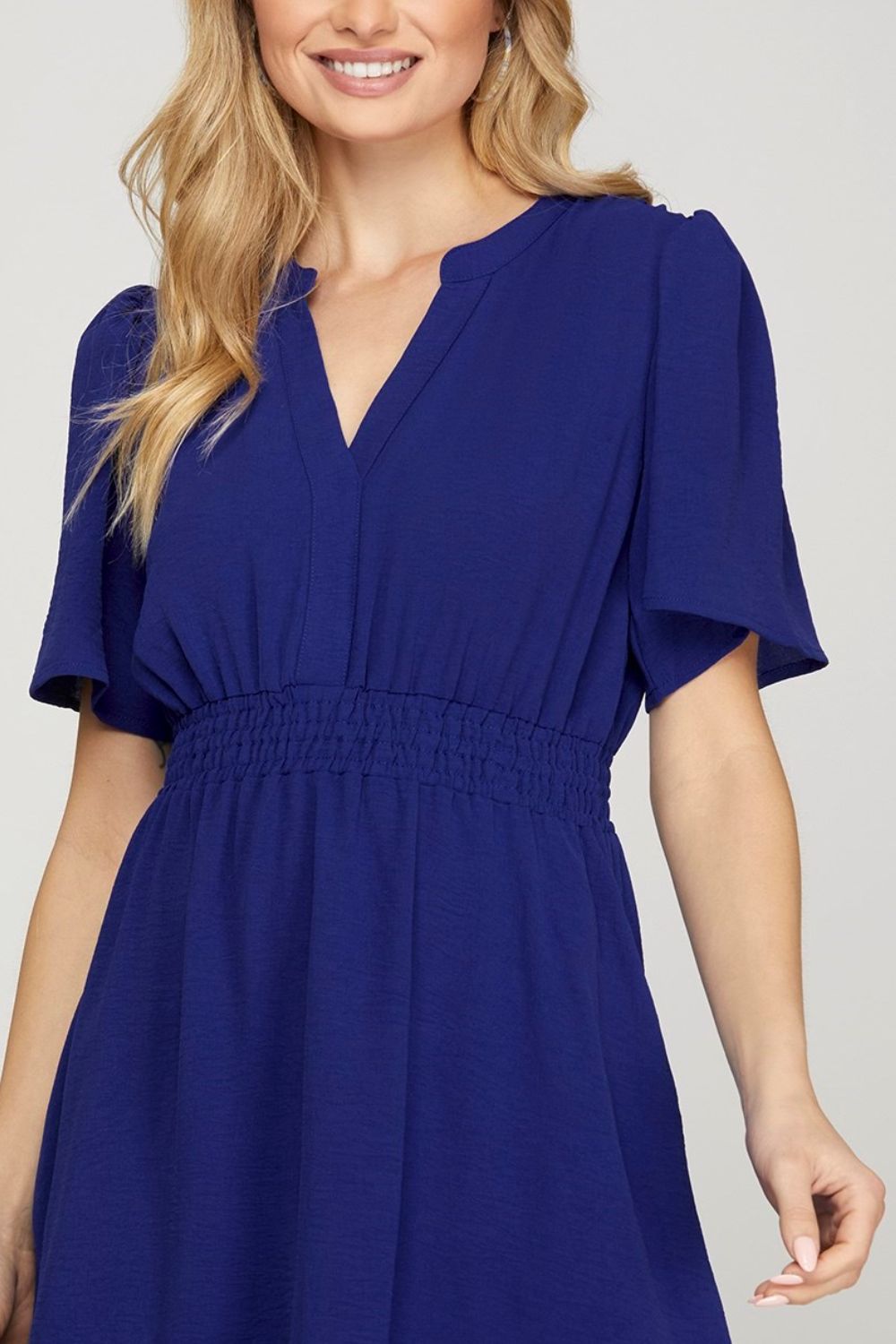 TEEK - Navy Ruffled Hem Notched Flutter Sleeve Dress DRINKING GLASS TEEK Trend