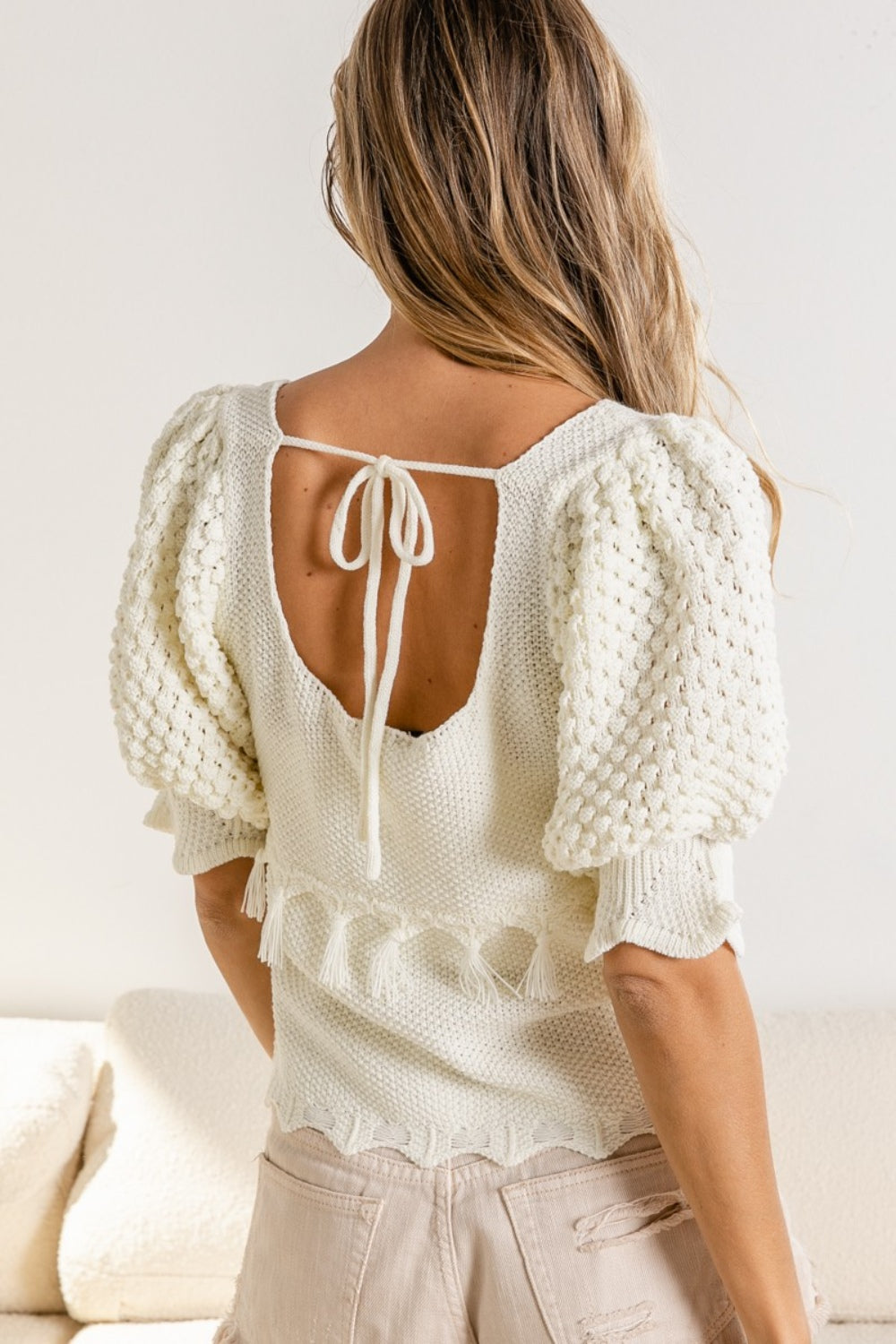 TEEK - Ivory Tassel Textured Square Neck Sweater TOPS TEEK Trend   