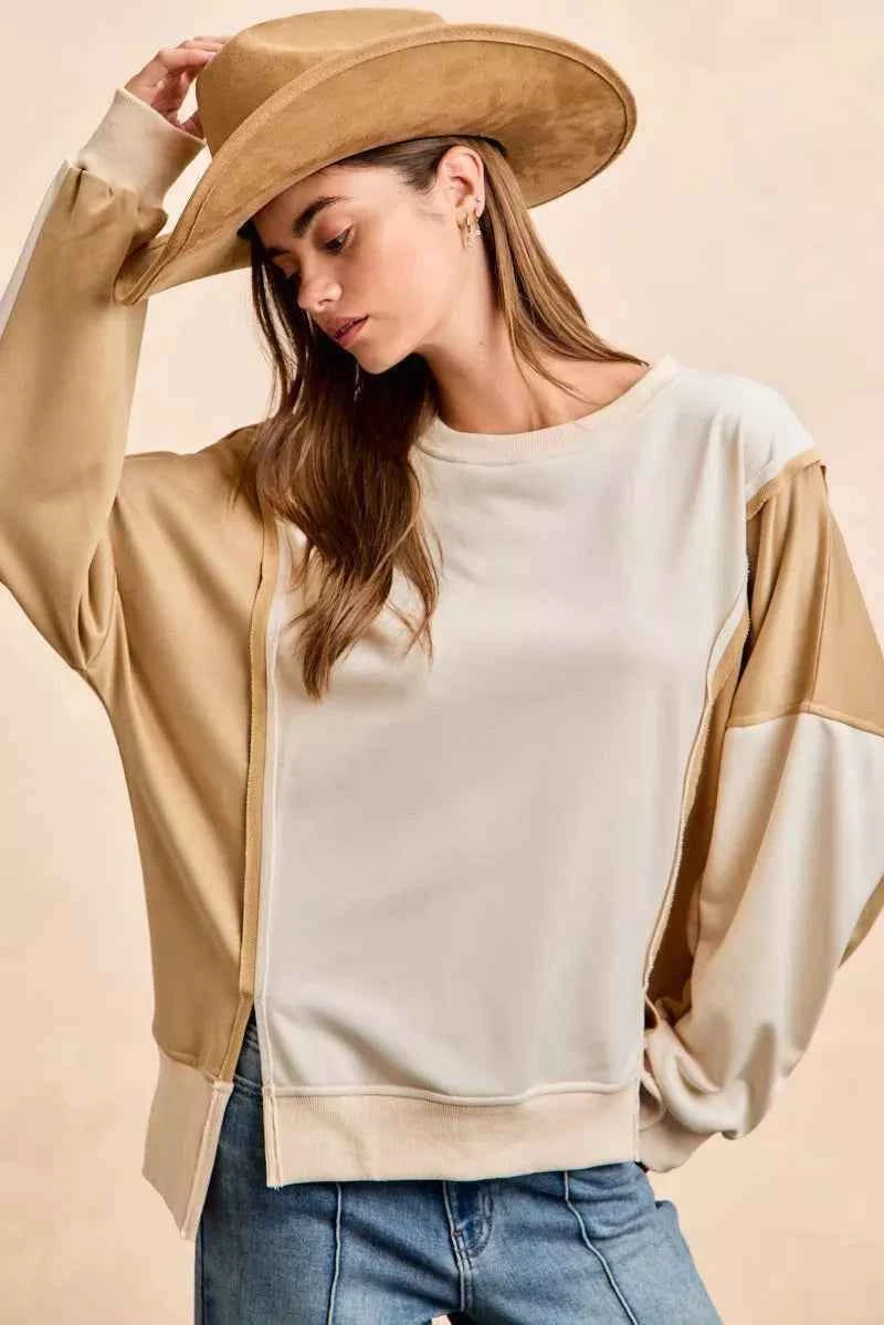 TEEK - French Terry Color Block Top With Open Seam Detail Trendsi