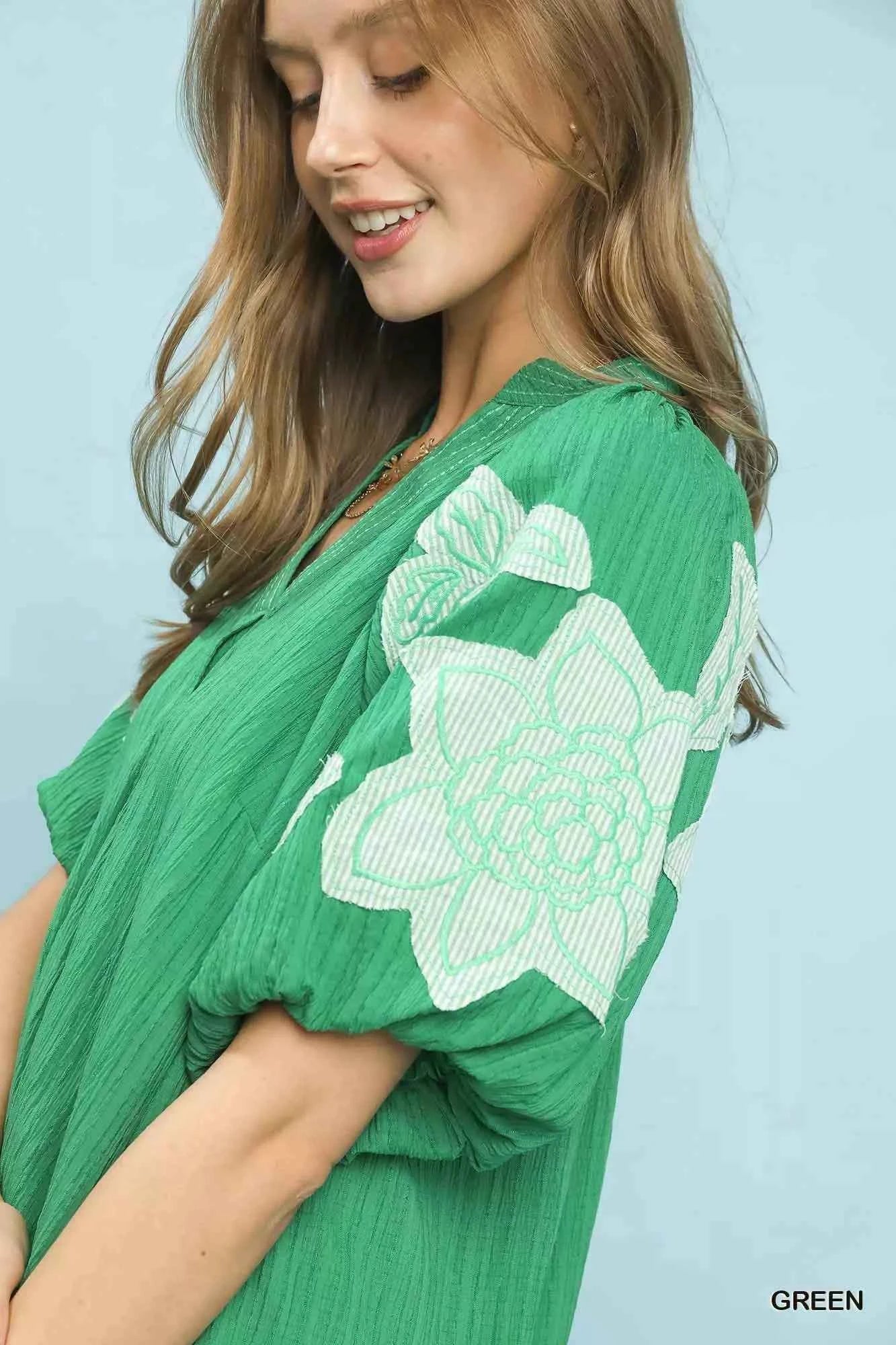 TEEK - Embroidered Balloon Sleeve Notch Neck Blouse TOPS TEEK Trend