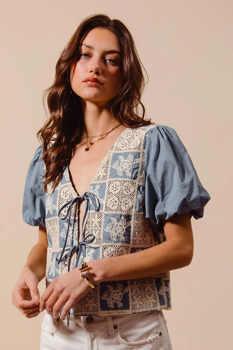 TEEK - Denim Blue Crochet Lace Tie Front V Neck Blouse Top TOPS TEEK Trend