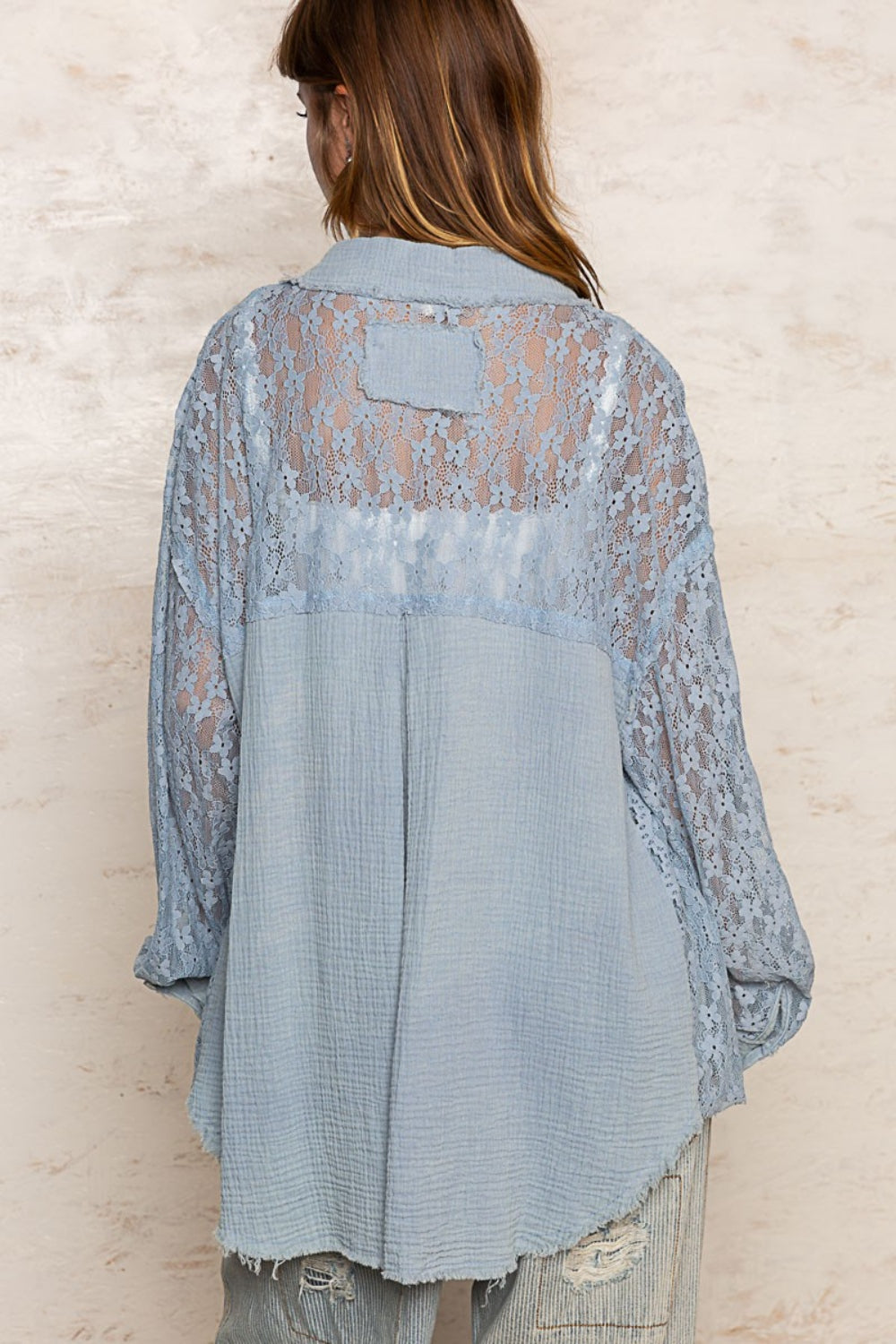 TEEK -Cornflower Oversized Front Lace Button-Down Shirt TOPS TEEK Trend   