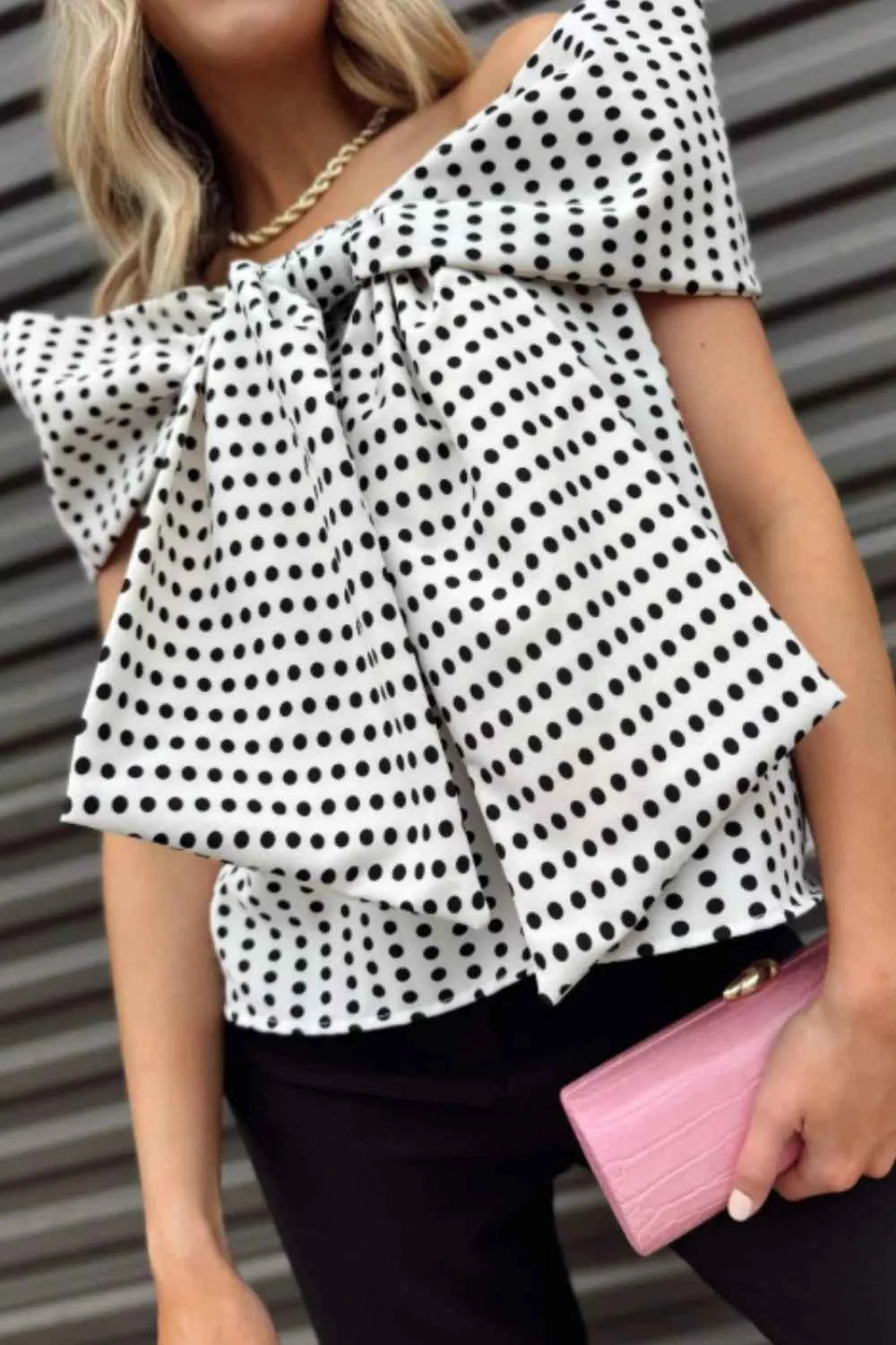 TEEK - Polka Dot Off Shoulder Bow Knot Short Sleeve Blouse TOPS TEEK Trend
