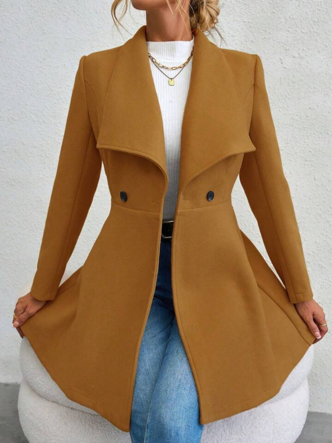 Collared Neck Button Up Long Sleeve Coat TEEK Trend