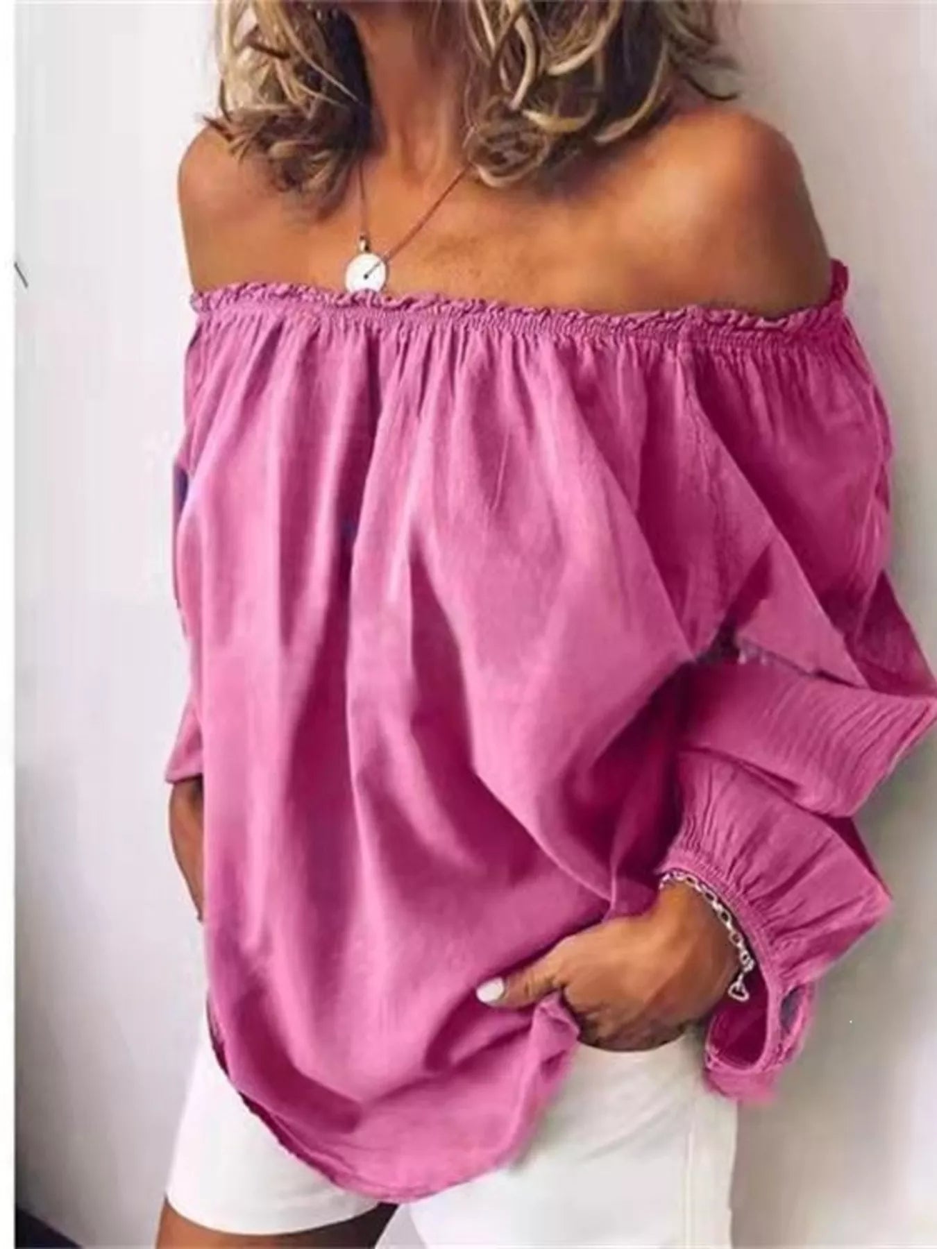Off-Shoulder Frill Trim Blouse Trendsi Red S